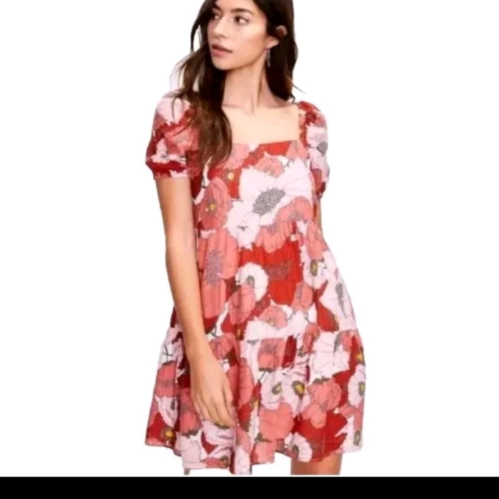 LOFT Coral and Pink Floral Tiered Mini Dress